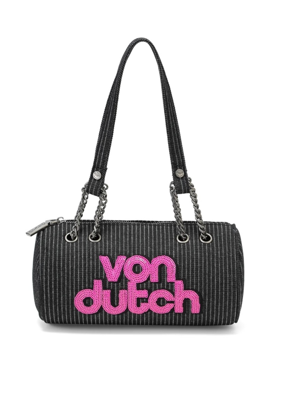 Von Dutch Long Pinstripe Barrel Shoulder Bag with Pink Logo NWT